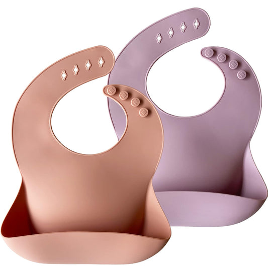 Moonkie Silicone Baby Bibs Set of 2, BPA Free Soft Adjustable Fit Waterproof Feeding Bibs for Babies and Toddlers(Muted/Pale Mauve)