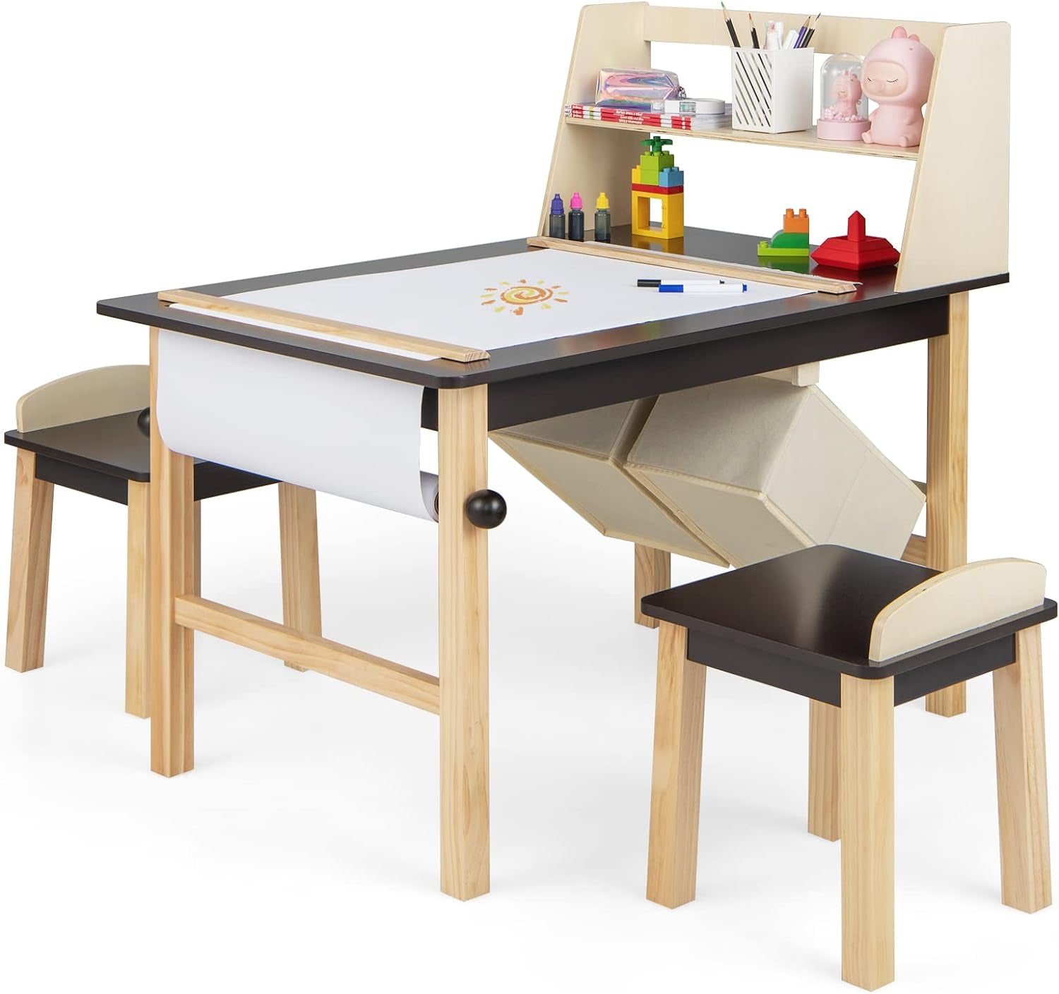 Costzon Kids Art Table and Chair Set, Wooden Drawing Painting Craft Center with Paper Roll, 2 Markers, 2 Storage Bins, Kids Activity Play Table with 2 Stools for Boys Girls Ages 3+ (Brown)