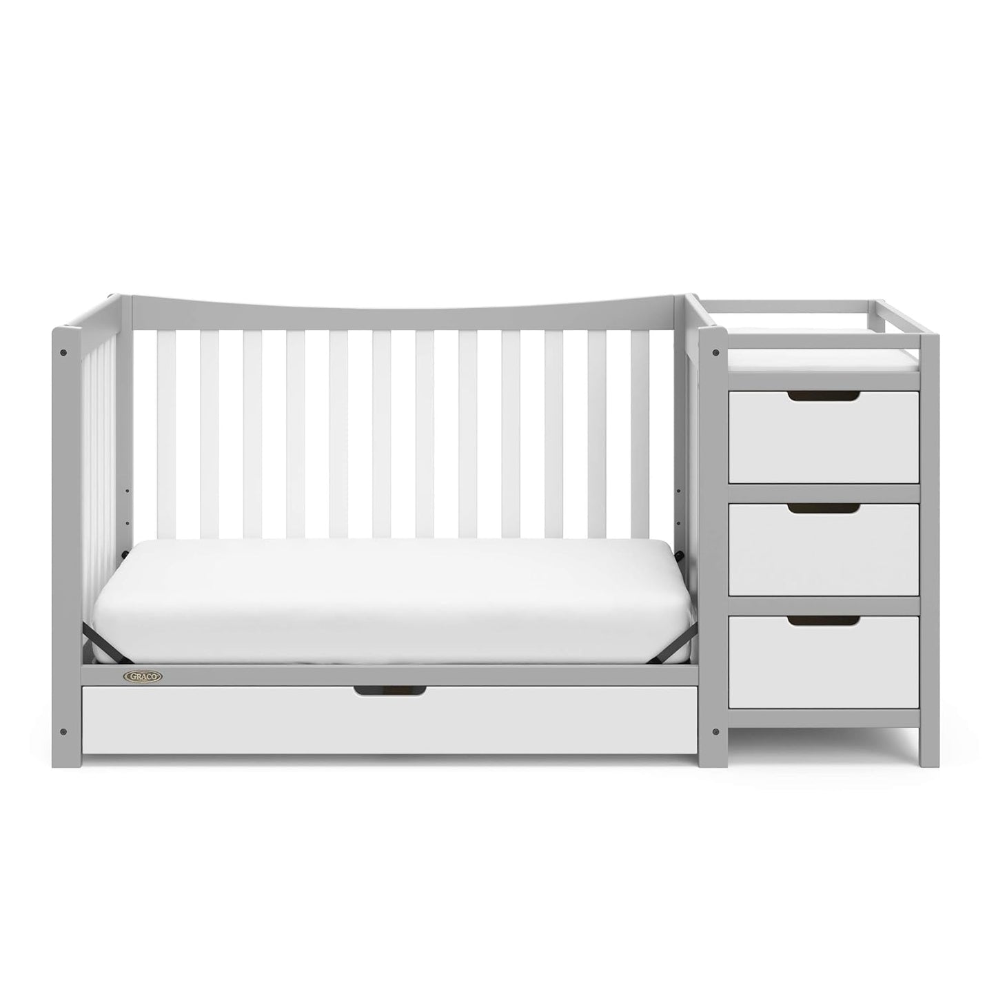 Graco Remi 4-In-1 Convertible Crib & Changer with Drawer (Pebble Gray & White) – GREENGUARD Gold Certified, Crib and Changing-Table Combo, Includes Changing Pad, Converts to Toddler Bed, Full-Size Bed