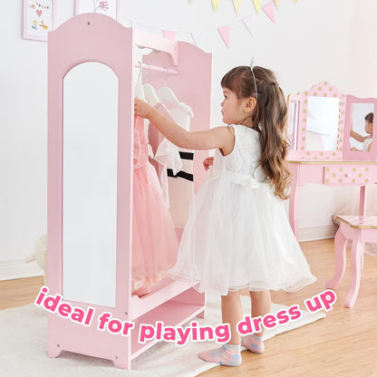 Teamson Kids, Pink Freestanding Fashion Twinkle Star Print Wooden Clothing Rack with Shelves, Mirror, Hooks and Storage Bins for Kids