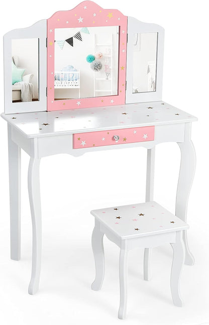 Costzon Kids Vanity Set with Mirror, 2 in 1 Princess Makeup Dressing Table W/Detachable Top, Toddler Girls Vanity with Tri-Fold Mirror, Drawer & Stool, Pretend Play Vanity Set for Little Girls, White