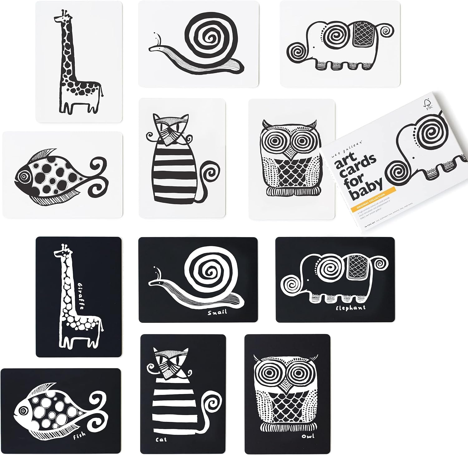 Wee Gallery Black and White Animal Art Cards for Babies, Durable High Contrast Vision Cards, Brain Development Educational Learning Tool for Newborn, Infant, Baby, Toddler - Woodland Animals