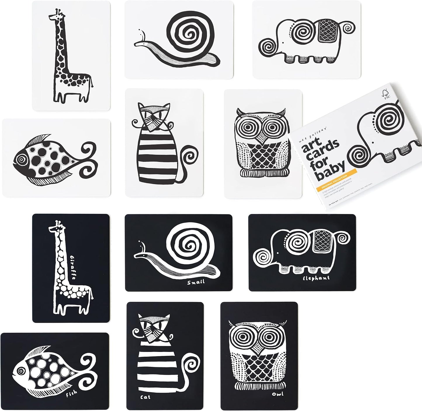 Wee Gallery Black and White Animal Art Cards for Babies, Durable High Contrast Vision Cards, Brain Development Educational Learning Tool for Newborn, Infant, Baby, Toddler - Safari Animals