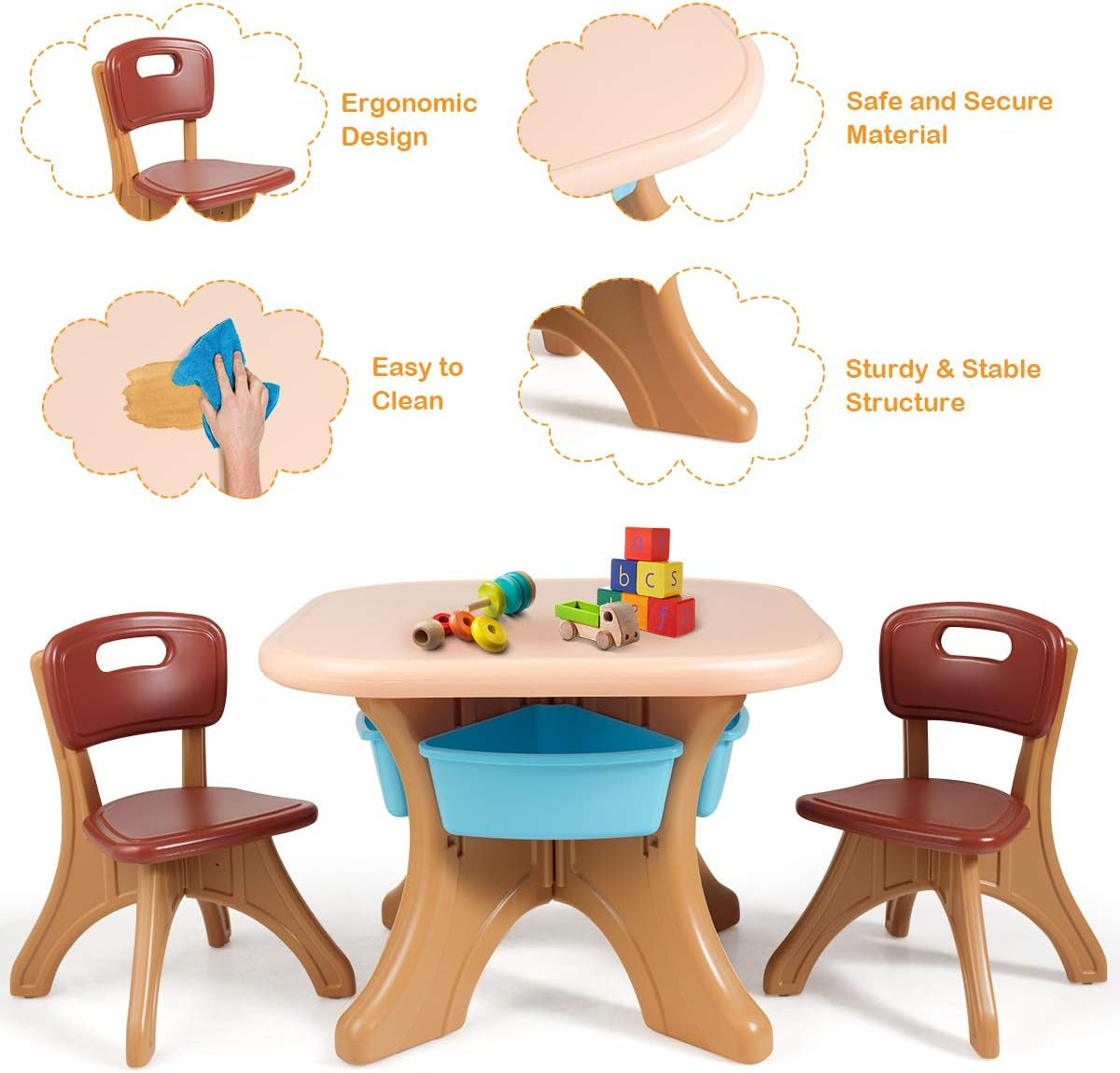 Costzon Kids Table and Chair Set, 3 Piece Activity Table W/Detachable Toy Storage Bin & 2 Chairs for Children Reading Art Craft, Strong Bearing Capacity, Lightweight, Toddler Table & Chair Set, Coffee