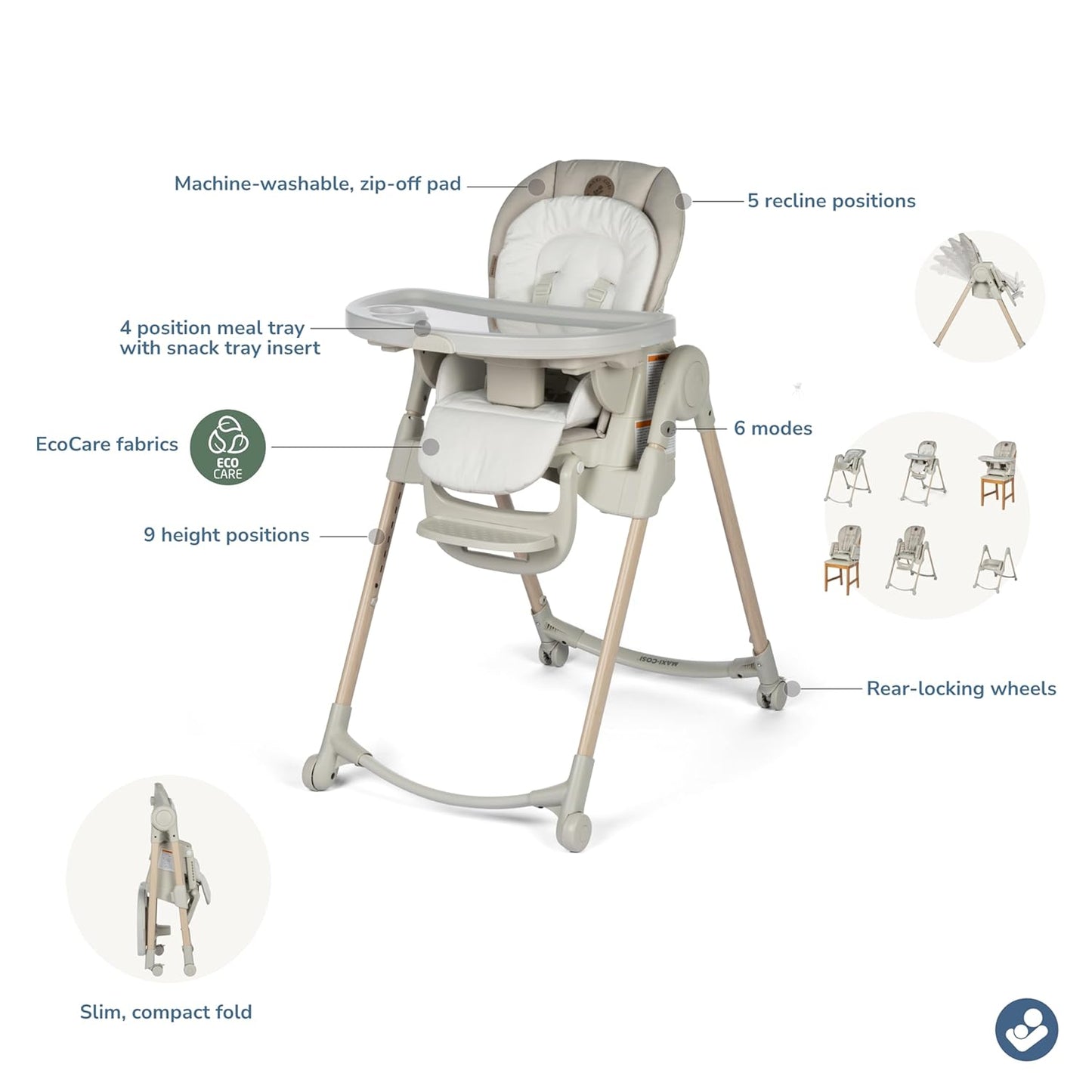 Maxi-Cosi Minla 6-In-1 High Chair & Cassia Swing, Classic Oat - Versatile High Chair Converts to 6 Modes & Soothing Swing with Touch Screen