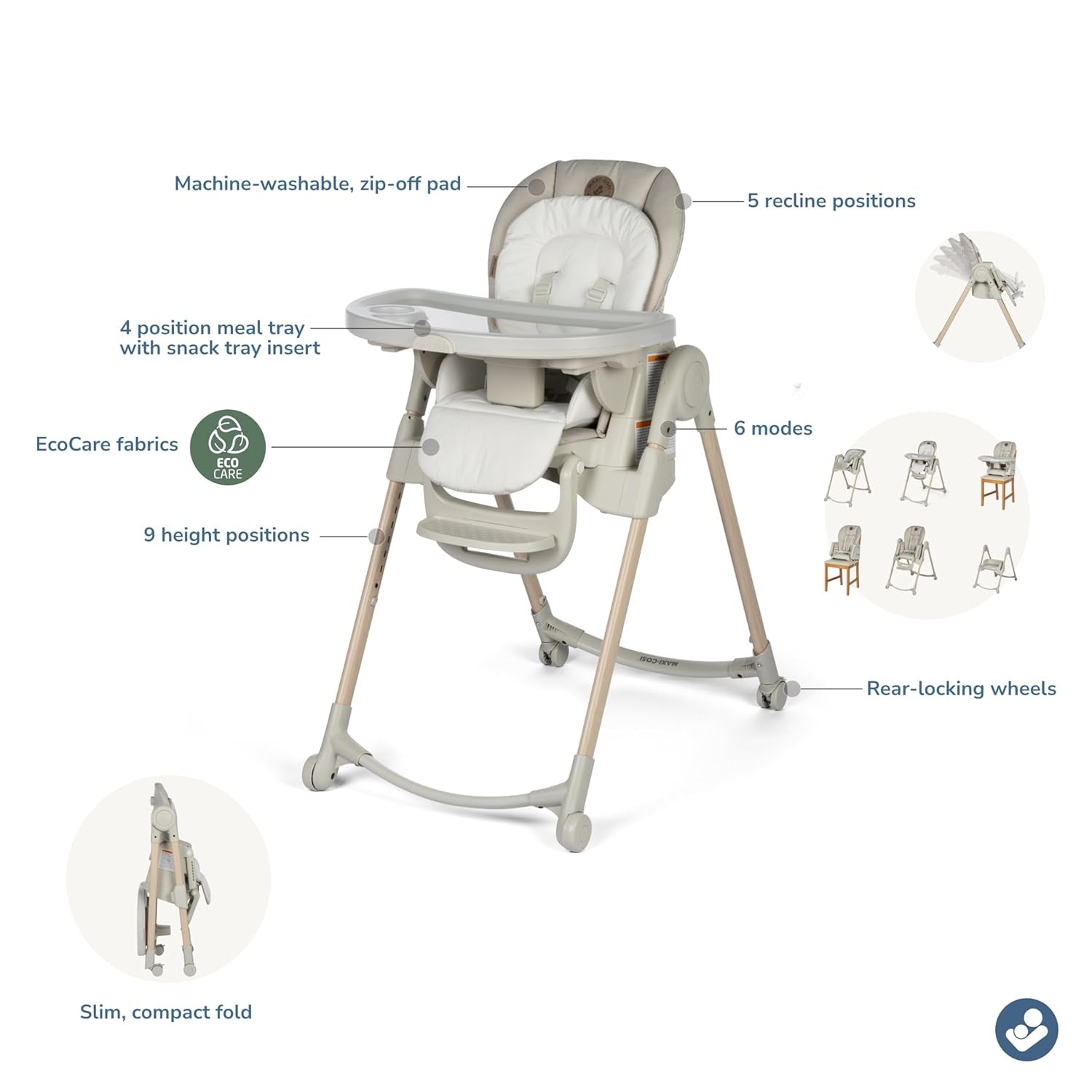 Maxi-Cosi Minla 6-In-1 High Chair & Cassia Swing, Classic Oat - Versatile High Chair Converts to 6 Modes & Soothing Swing with Touch Screen