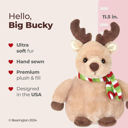 Bearington Big Bucky Reindeer Stuffed Animal, 11.5 Inch Christmas Plush Gifts for Kids