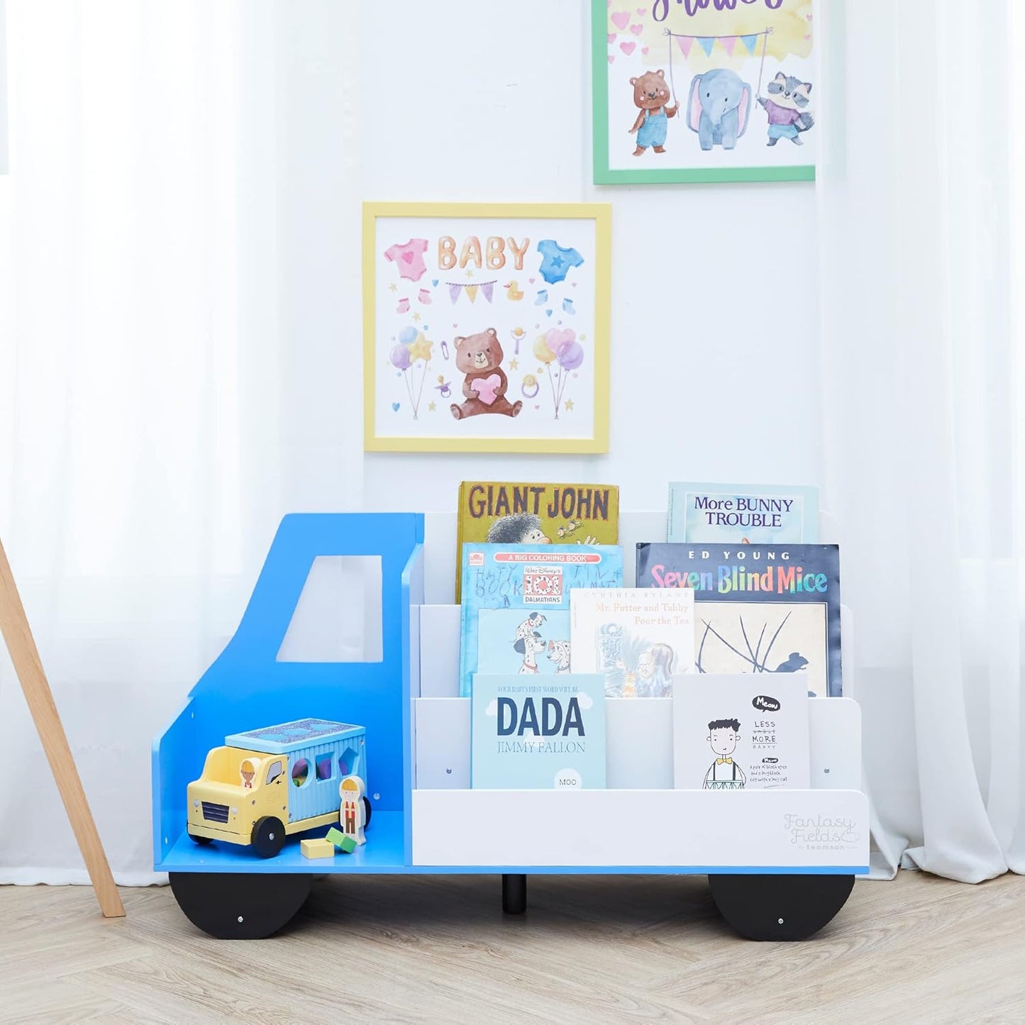 Fantasy Fields Toddler Storage Kids Bookcase 3-Tier Truck Display Bookshelf, Blue and White