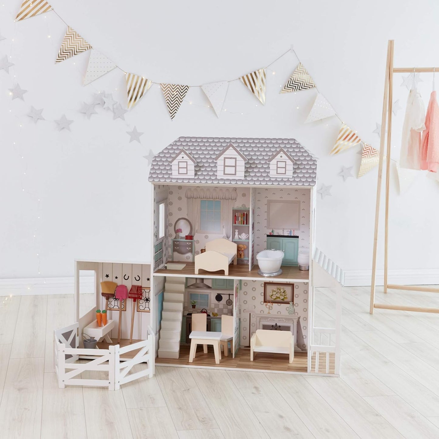 Teamson Kids - Dreamland Farm House Wooden Pretend Play Doll House Dollhouse for 12" Doll with 14 Pieces of Furniture - White / Gray