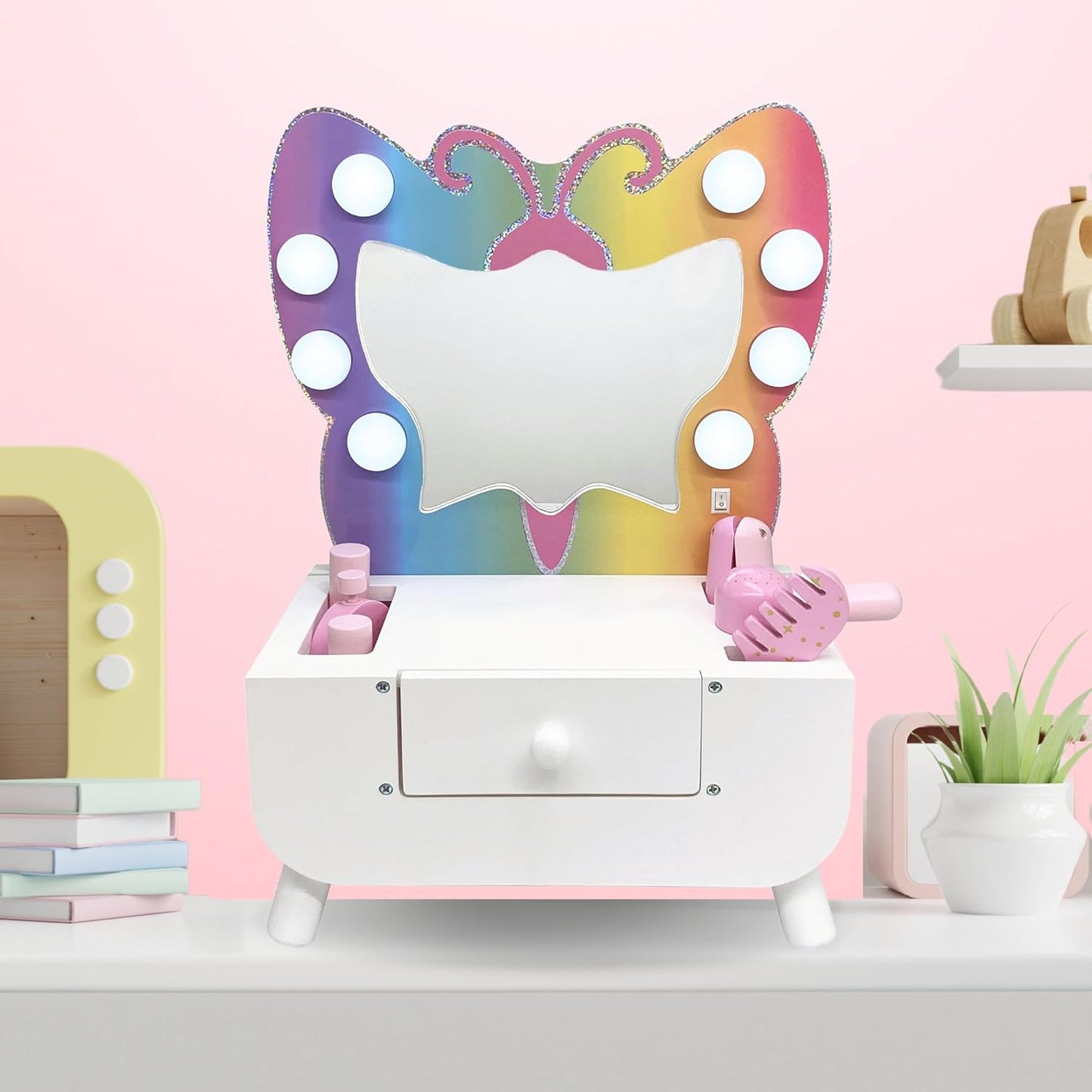 Teamson Kids Colorful Butterfly-Shaped Tabletop Vanity with Led-Illuminated Mirror and 6-Pc. Accessory Set