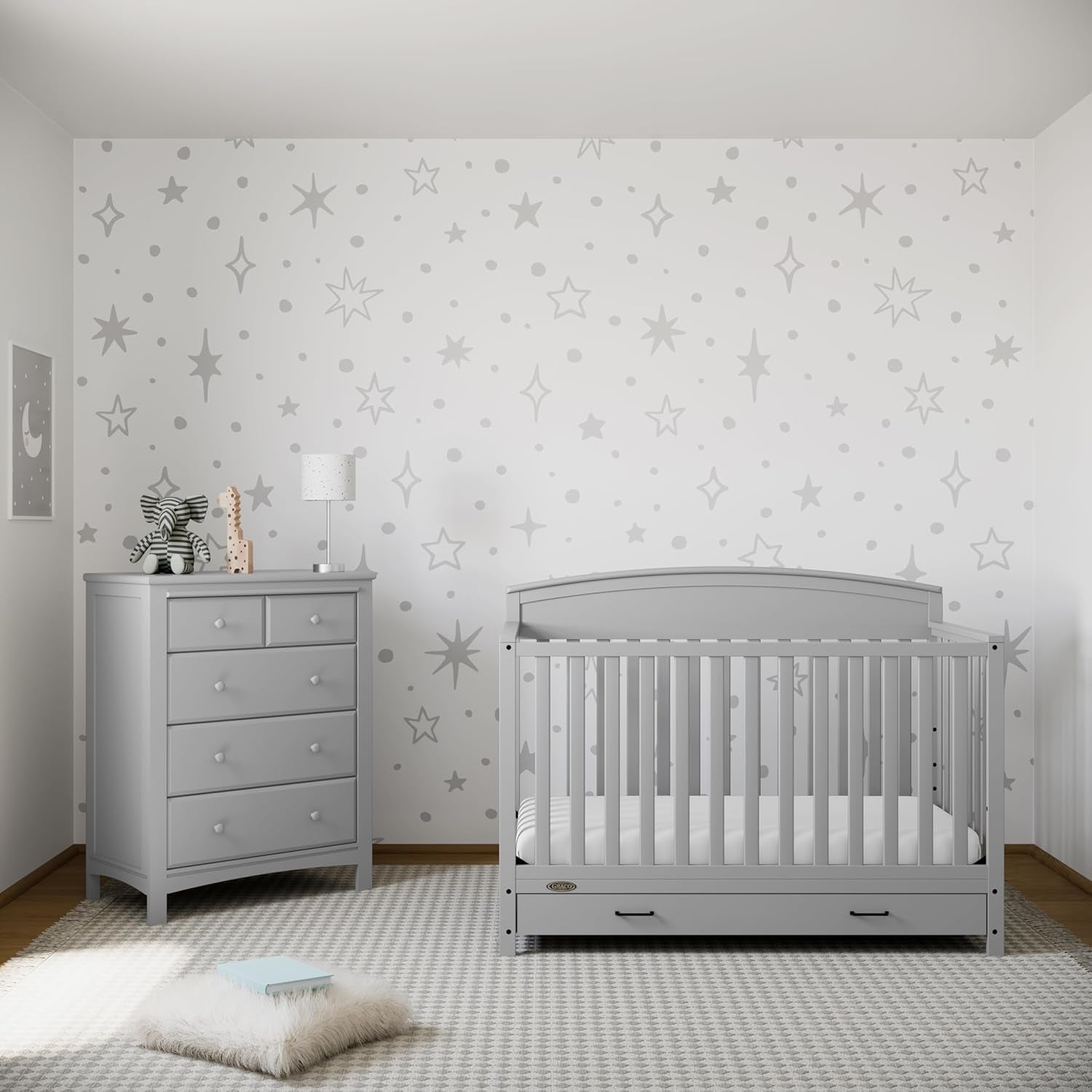 Graco Benton 5-In-1 Convertible Crib with Drawer (Pebble Gray) -Converts from Baby Crib to Toddler Bed, Daybed and Full-Size Bed,Fits Standard Full-Size Crib Mattress, Adjustable Mattress Support Base