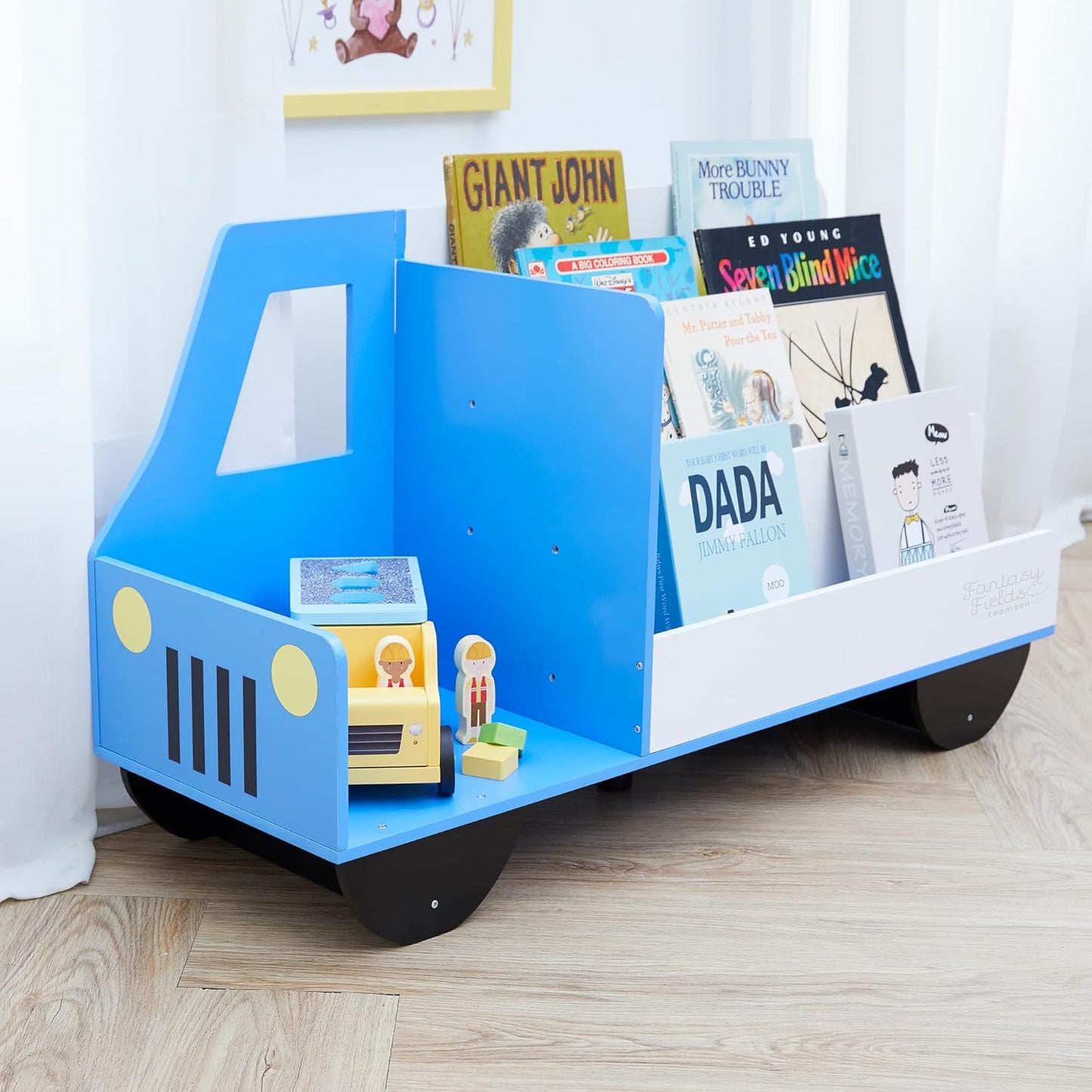 Fantasy Fields Toddler Storage Kids Bookcase 3-Tier Truck Display Bookshelf, Blue and White