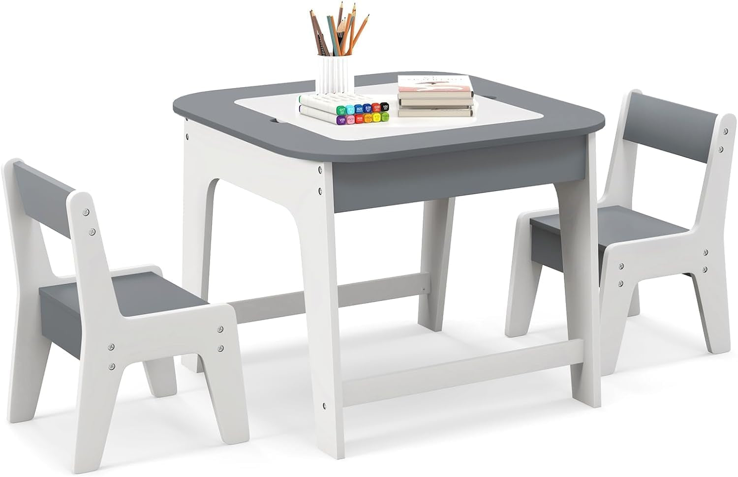 Costzon Kids Table and Chair Set, 3-In-1 Wooden Activity Table with Removable Tabletop, Blackboard & Whiteboard, Storage Space, Toddler Furniture for Arts, Crafts, Nursery, Preschool (Gray)