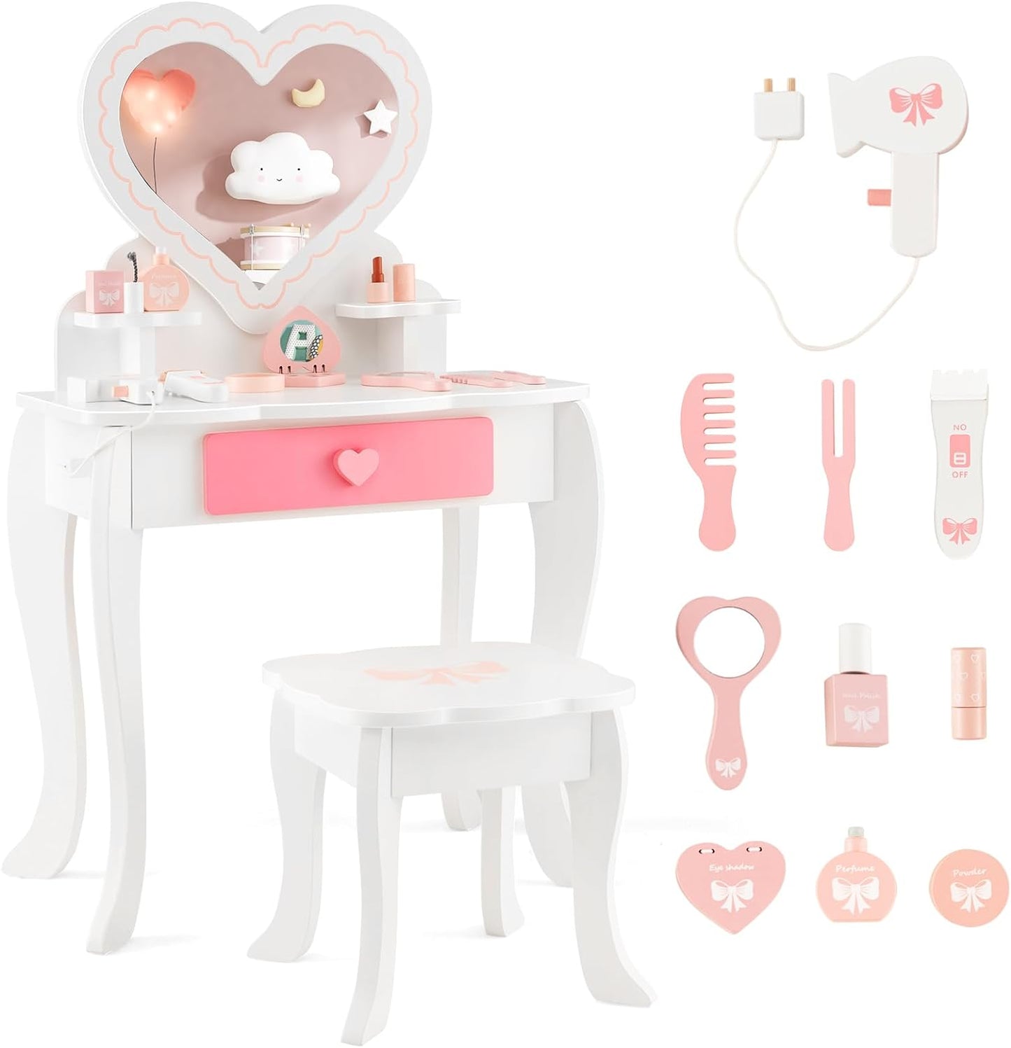 Costzon Kids Vanity Set, Girls Vanity Set with Mirror and Stool, Accessories, Drawer & Storage Shelf, Wooden Princess Makeup Dressing Table, Pretend Play Vanity Table and Chair Set for Toddlers, White