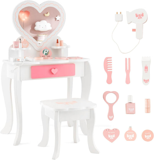 Costzon Kids Vanity Set, Girls Vanity Set with Mirror and Stool, Accessories, Drawer & Storage Shelf, Wooden Princess Makeup Dressing Table, Pretend Play Vanity Table and Chair Set for Toddlers, White