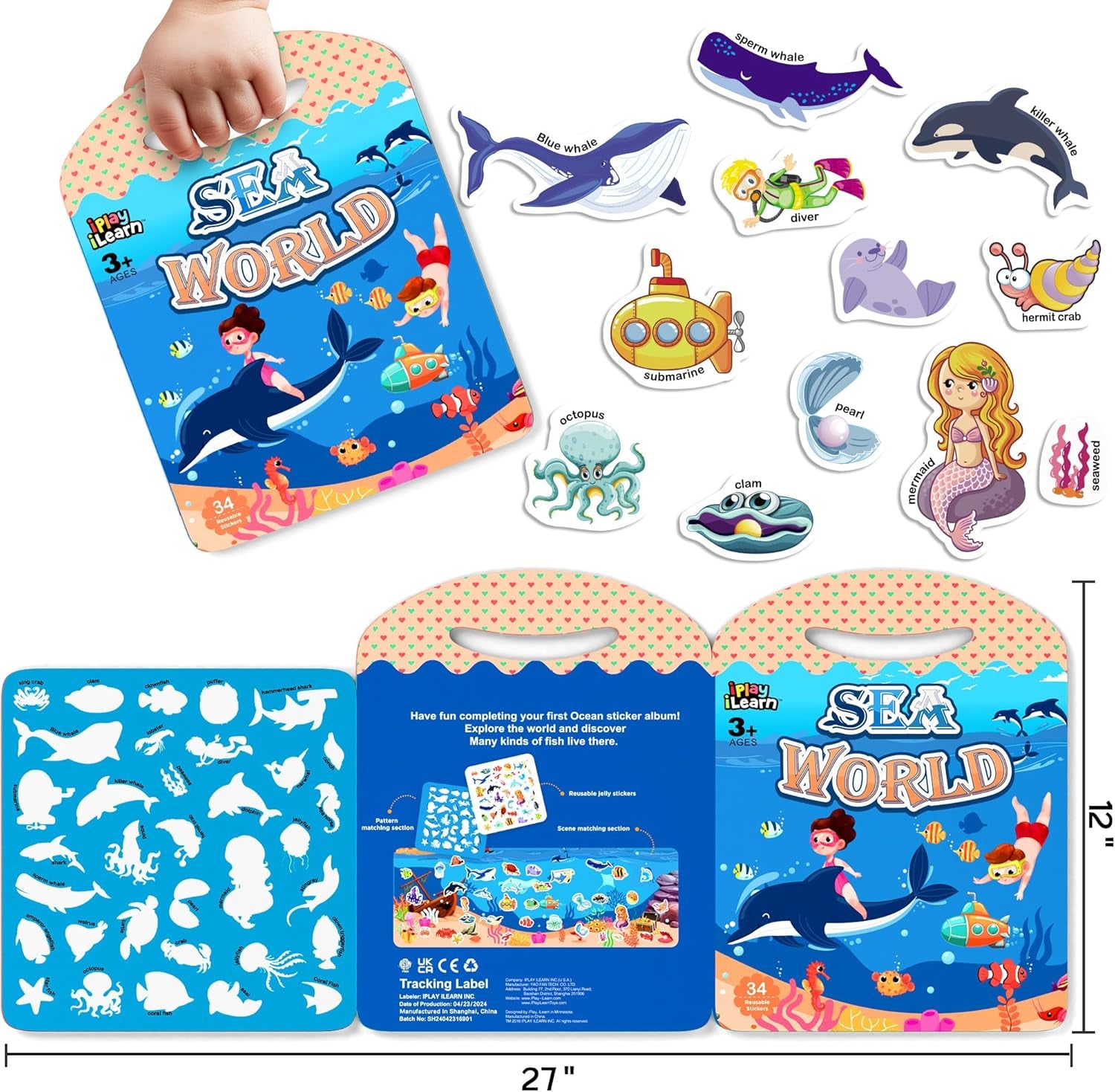 Iplay, Ilearn Kids Ocean Animal Sticker Book, Toddler Reusable Puffystickers Activity Busy Book, Preschool Learning Educational Toy, Plane Travel Party Gifts for 3 4 5 6 7 8 Year Old Boys Girls