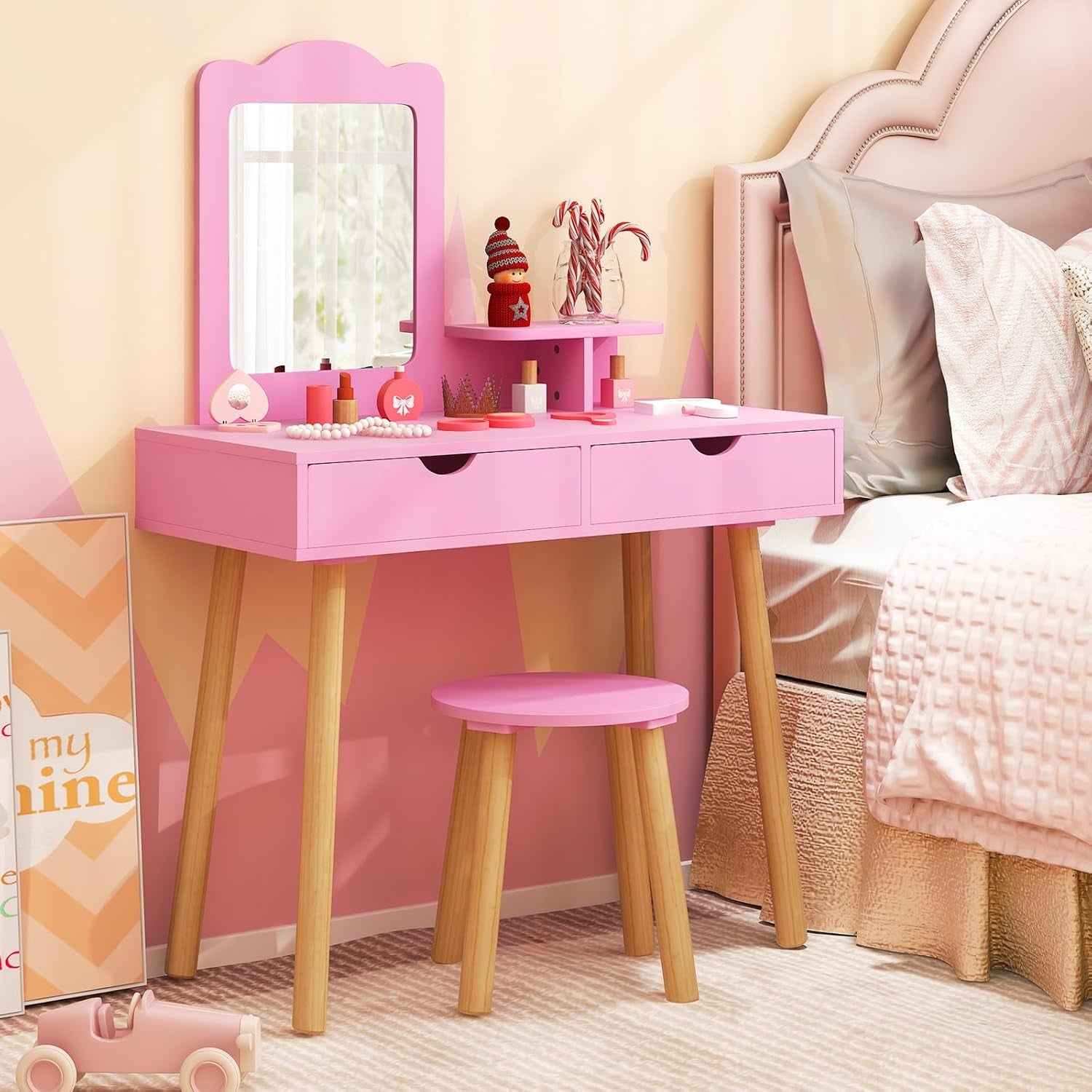 Costzon Kids Vanity Set, Girls Vanity Set with Mirror and Stool, 2 Large Drawers, Storage Shelf, Wooden Princess Makeup Dressing Table, Pretend Play Vanity Table and Chair Set for Toddlers (Pink)