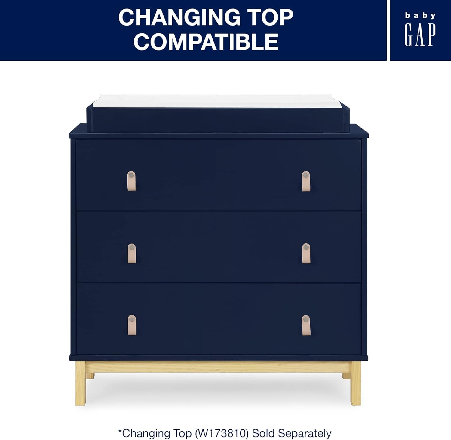 GAP Babygap Legacy 3 Drawer Dresser with Leather Pulls, Navy/Natural