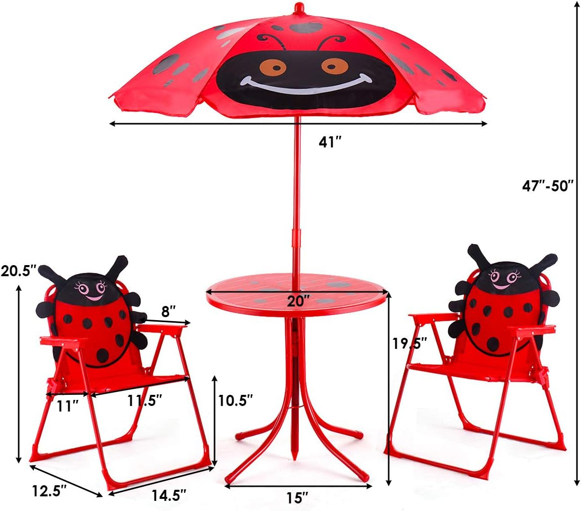 Costzon Kids Table and 2 Chair Set, Ladybug Folding Picnic Table Set with Removable Umbrella for Indoor Outdoor Garden Patio, Gift for Children Boys & Girls