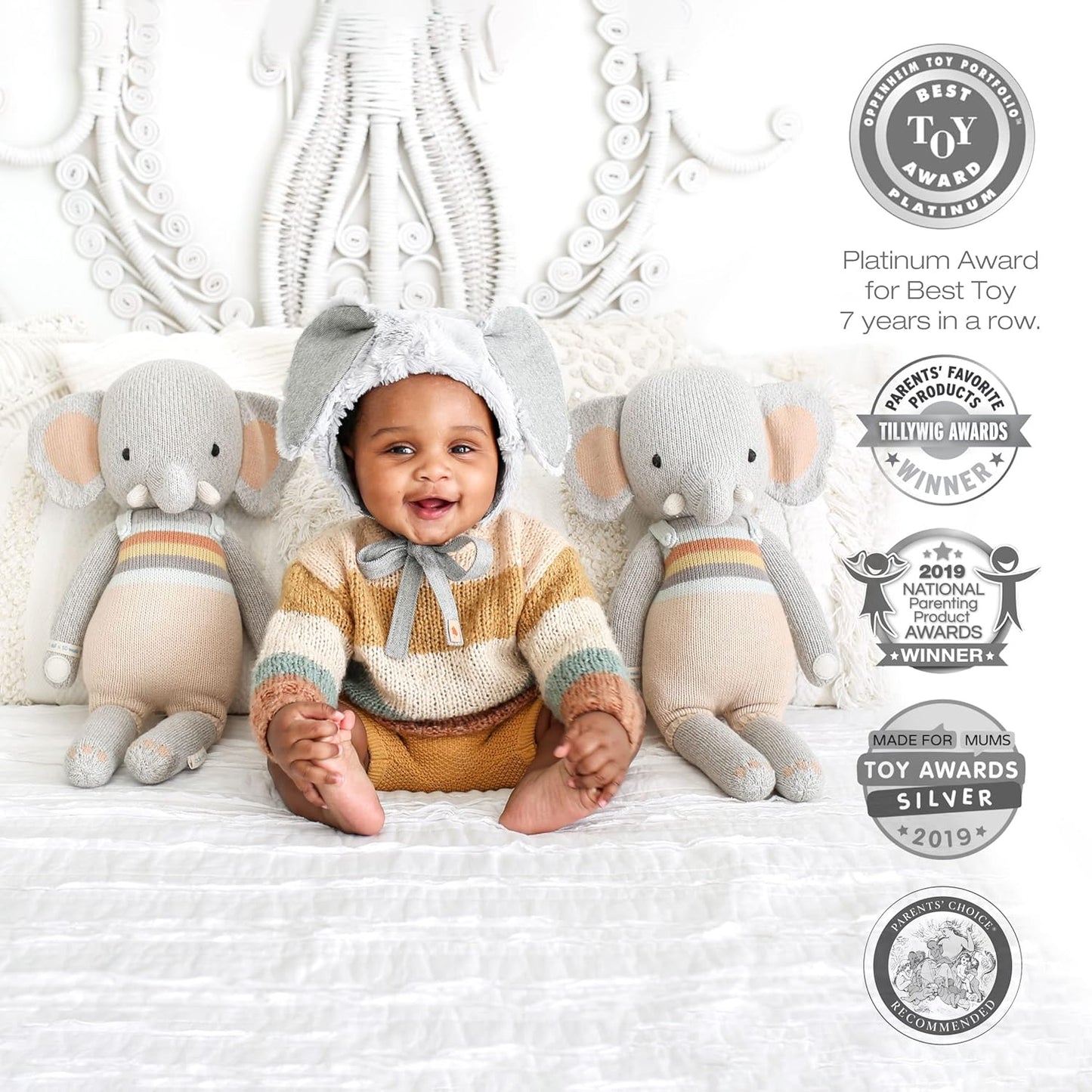 Cuddle + Kind Evan the Elephant Little 13" Hand-Knit Doll – 1 Doll = 10 Meals, Fair Trade, Heirloom Quality, Handcrafted in Peru, 100% Cotton Yarn