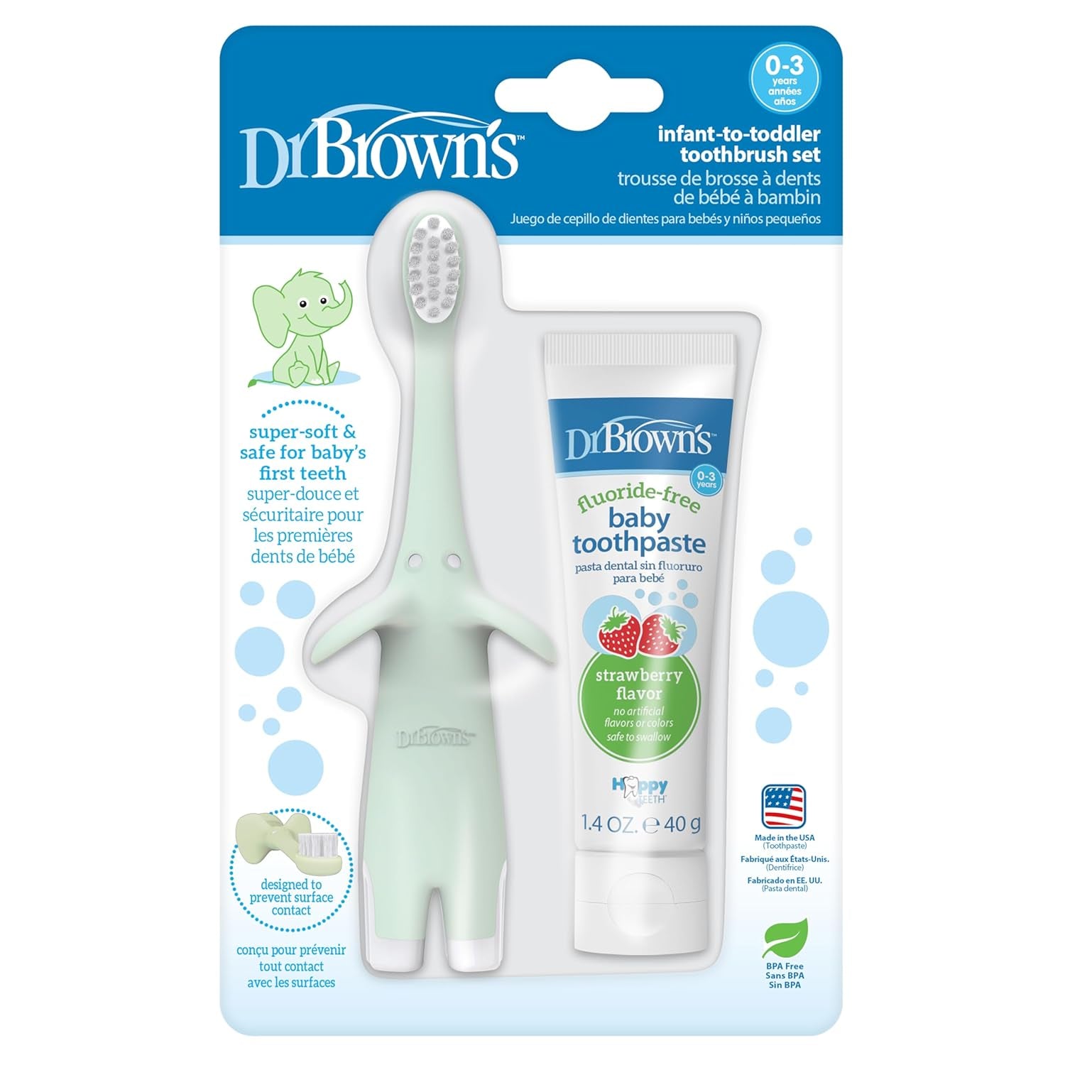 Dr. Brown'S Infant-To-Toddler Toothbrush, Soft and Safe Baby Training Brush, Elephant, Mint, 0-3 Years (Styles May Vary)