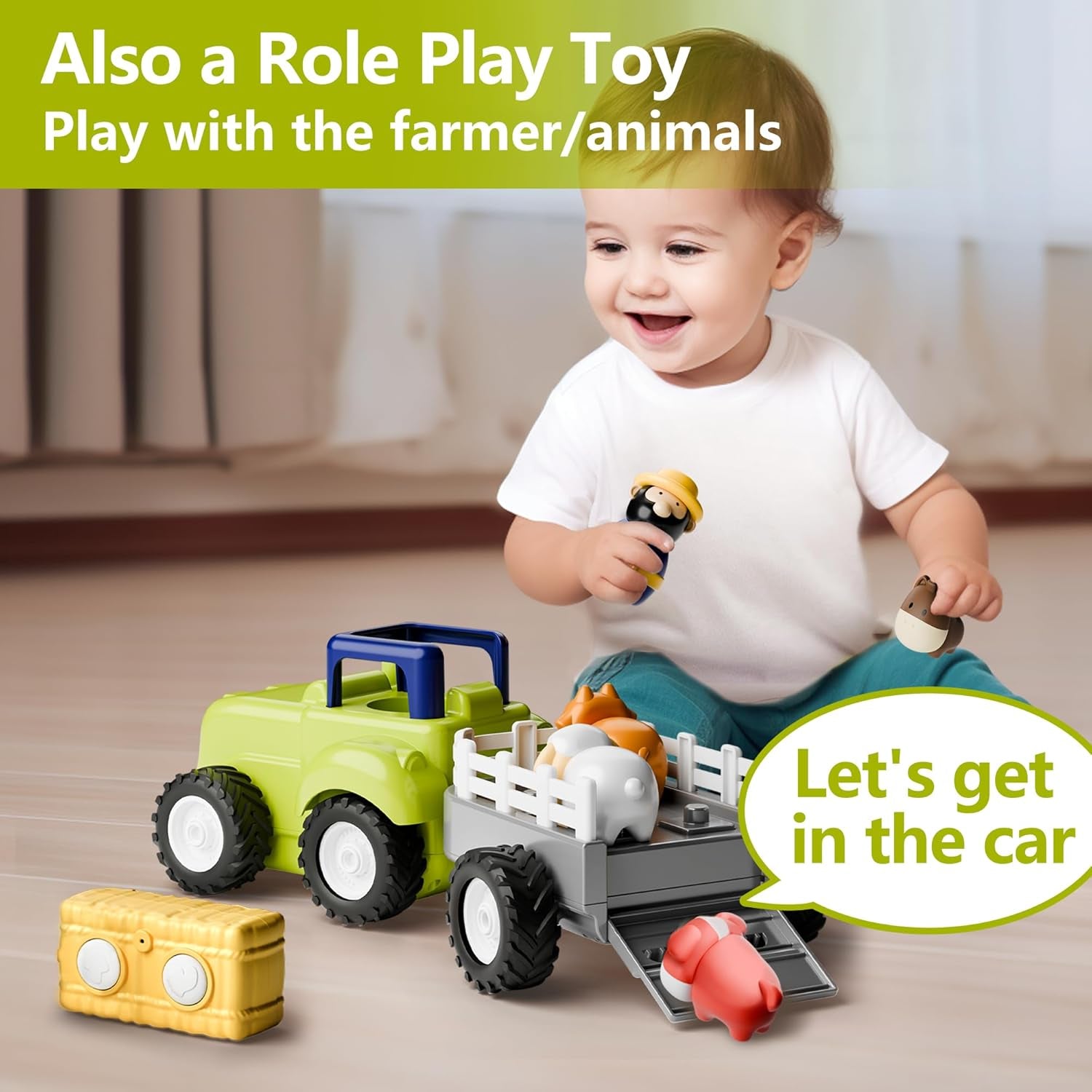 Iplay, Ilearn Toddler Remote Control Farm Tractor Toy, Baby RC Trailer Truck Set, Music Pretend Farmer Animals Vehicle Playset W/Sound, Birthday Gifts for 18 24 Month 2 3 4 Year Old Kids Boys Girls