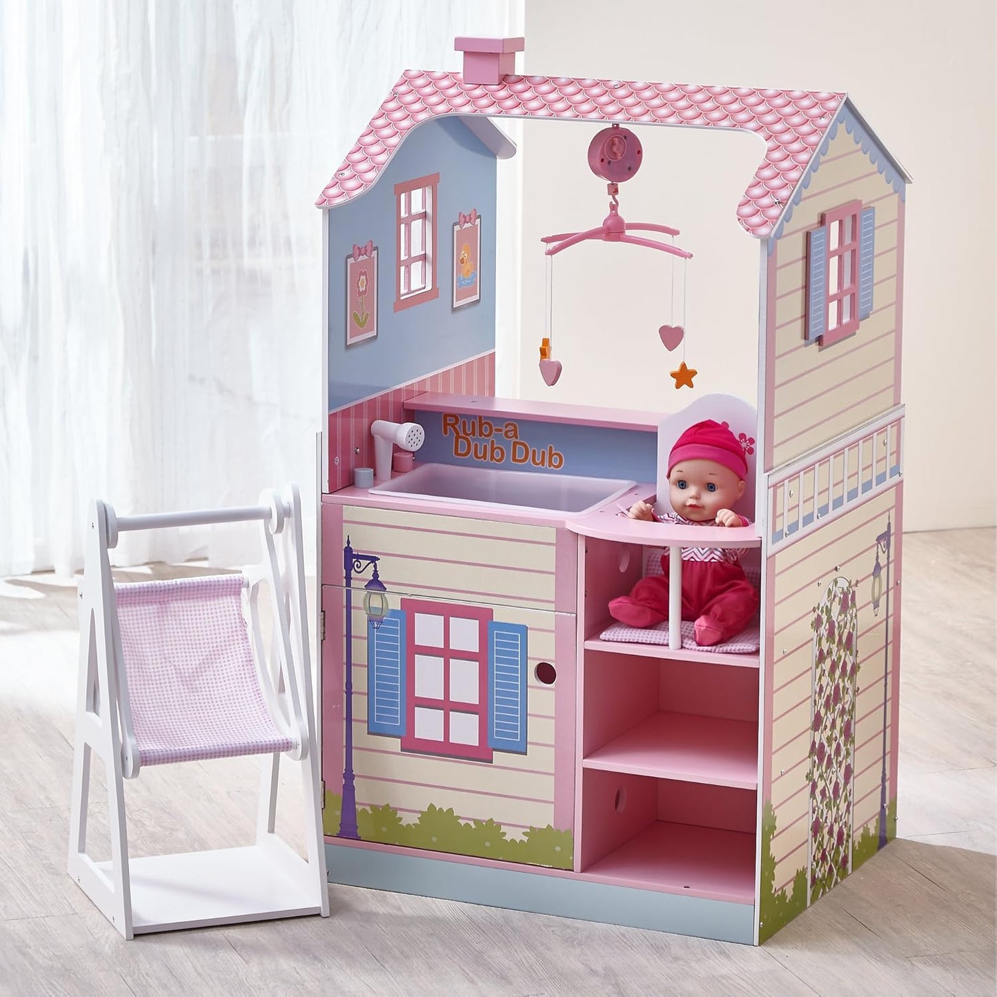 Olivia'S Little World - All in One 16-18 Inch Baby Doll Wooden Nursery Center - Double Sided Dollhouse for Baby Dolls with Swings - Multi- Functional Changing Station - Pink & Blue