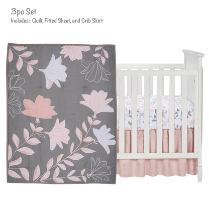 Lambs & Ivy Petals Gray/Pink Sateen Cotton Floral 3-Piece Baby Crib Bedding Set