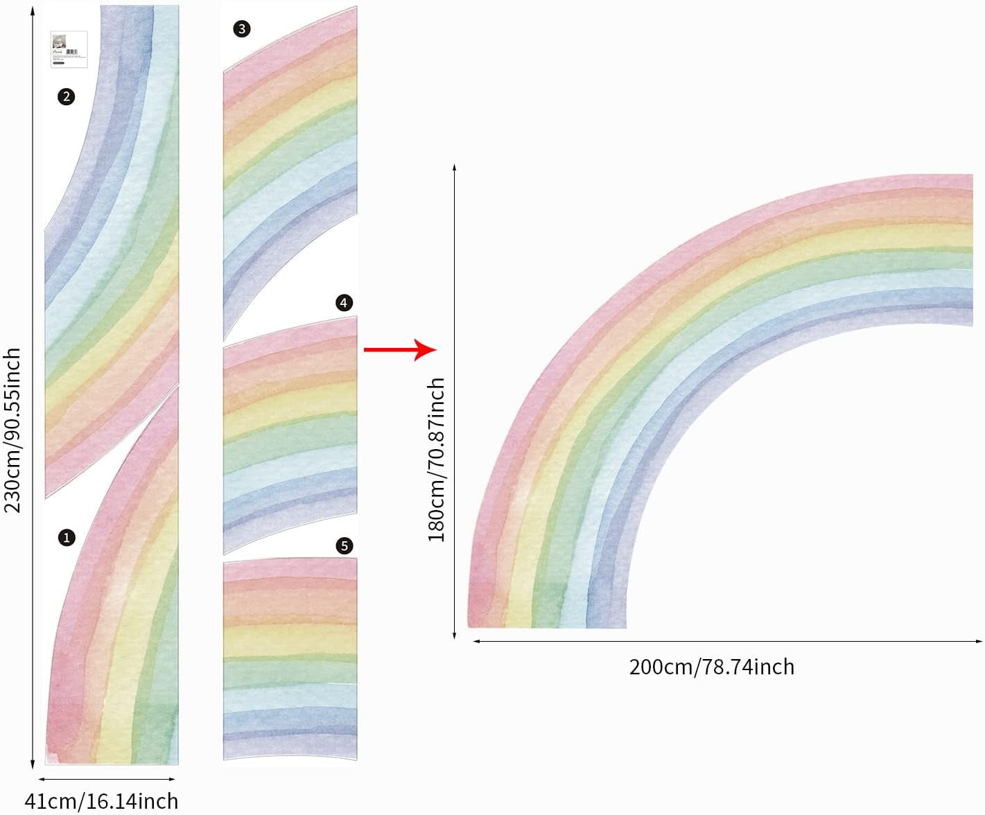 Funlife Vinyl Large Rainbow Wall Mural Stickers Peel and Stick, Precut Giant Vibrant Half Watercolor Rainbow Wall Decals for Girls Bedroom Kids Nursery Room Playroom, 78.74" X 70.87"