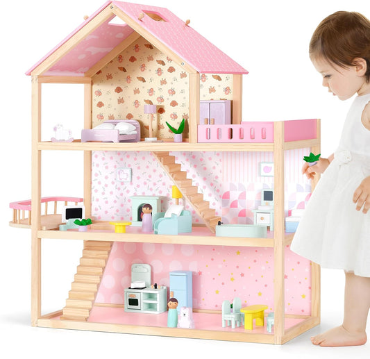 Wooden Dollhouse with 36Pcs Dollhouse Furniture Accessories, 7 Rooms Large Modern Doll House, Ideal Dollhouse Toy Gift for Girls Boys Toddlers Ages 3+