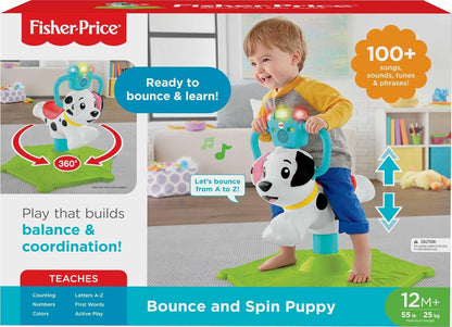 Fisher-Price Toddler Learning Toy, Bounce and Spin Puppy Stationary Ride-On Bouncer with Music & Lights for Infants Ages 1+ Years