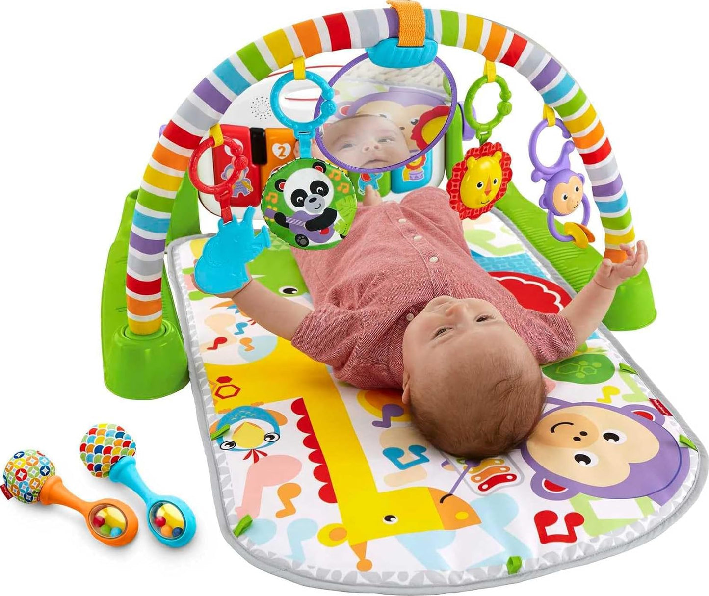 Fisher-Price Baby Playmat Deluxe Kick & Play Piano Gym, Green Musical Learning Toy with 2 Rattle Maracas for Developmental Play Newborns 0+ Months