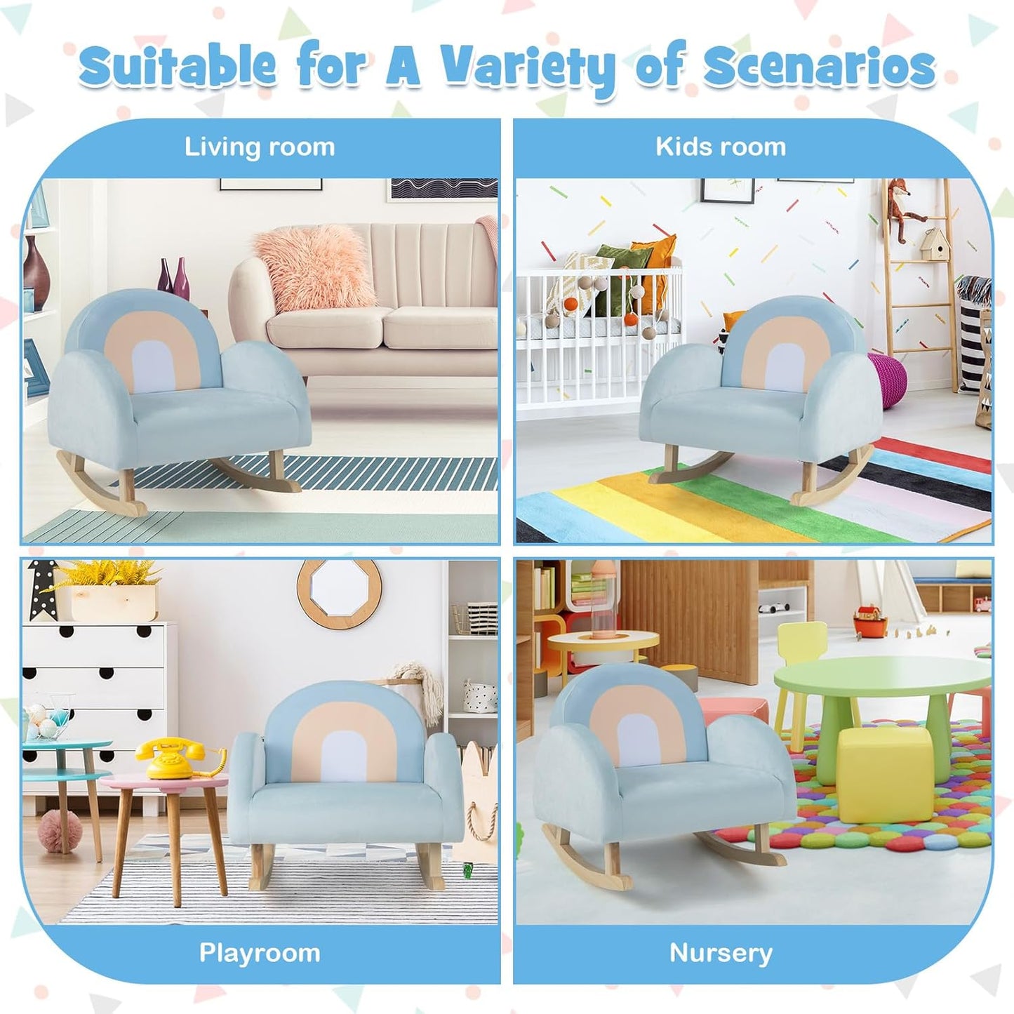 Costzon Kids Sofa, Rocking Chair with Solid Wood Frames, Velvet Fabric, Anti-Tipping Design for Kids Room, Nursery, Preschool, Birthday Gift for Boys Girls, Toddler Furniture Armchair (Light Blue)