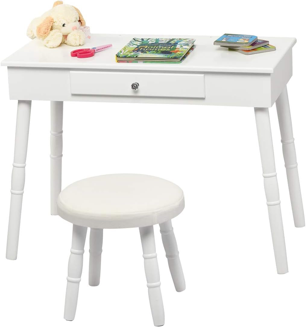 Costzon Kids Vanity Set, Wooden Princess Makeup Table with Cushioned Stool, Large Drawer, Solid Wooden Legs and Crown Mirror, Pretend Beauty Make up Dressing Play Set for Girls Best Gift (White)