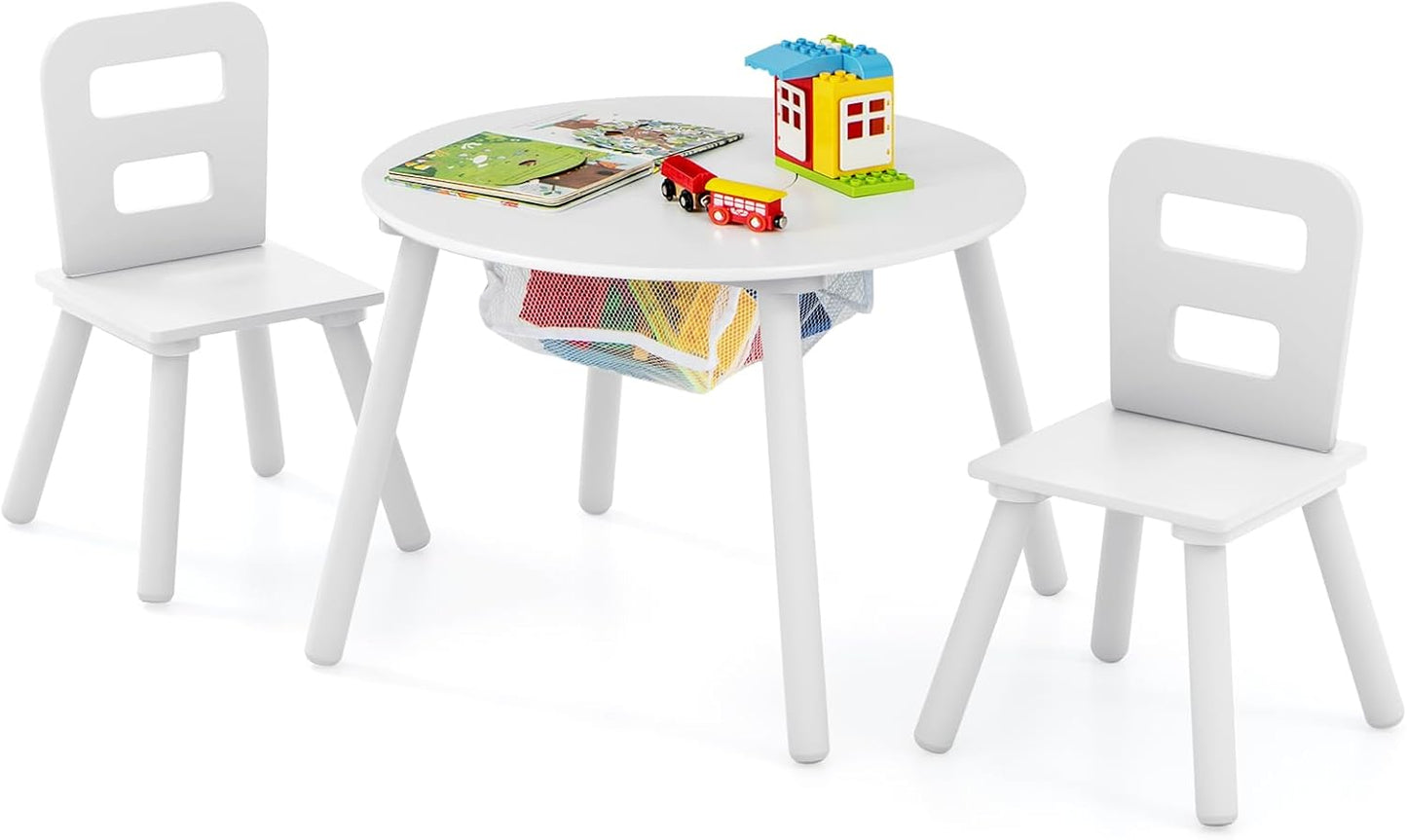 Costzon Kids Table and Chair Set, White Wooden Activity Table with Storage and 2 Chairs for Arts Crafts Snack Time