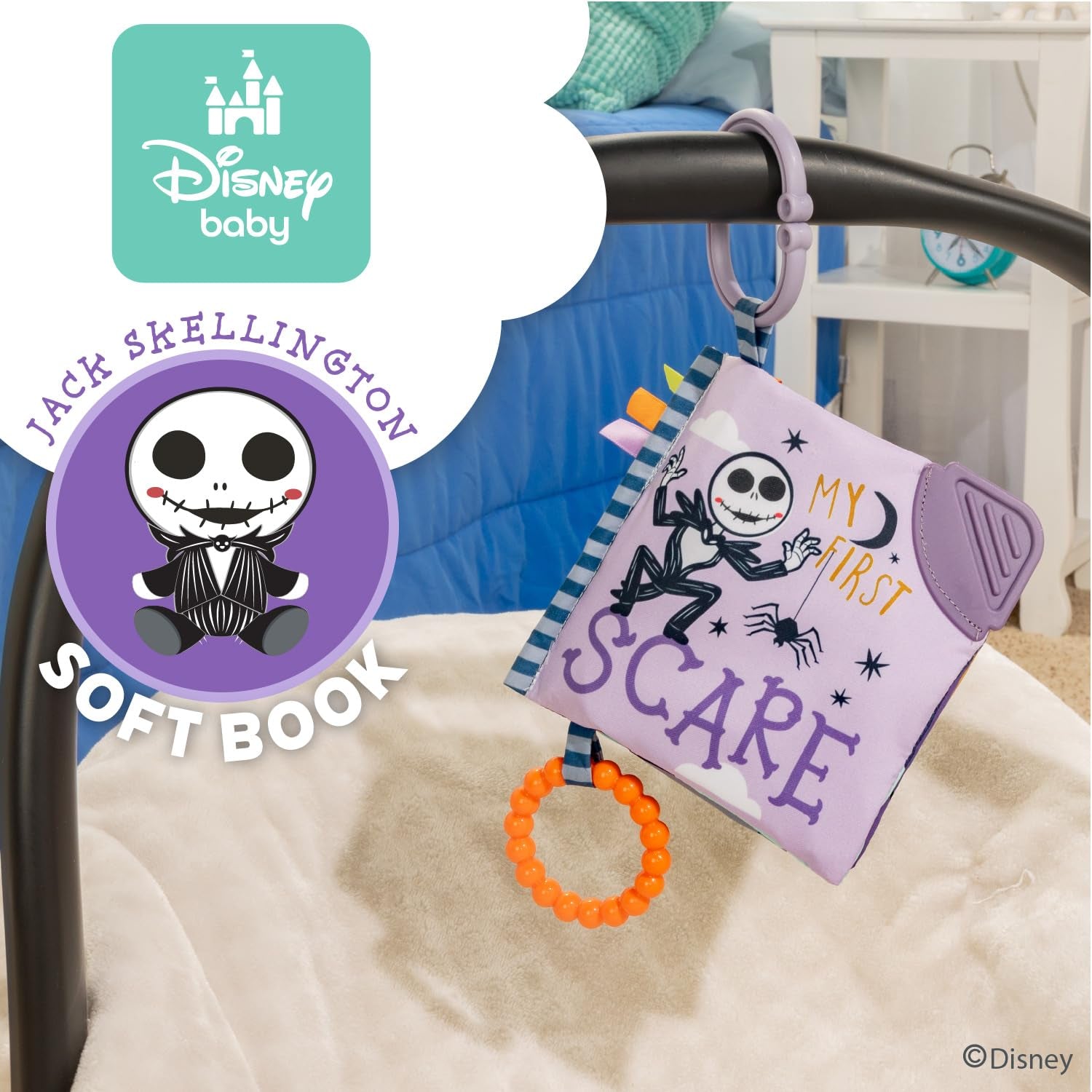 Kids Preferred Disney Nightmare before Christmas My First Scare Jack Skellington Soft Book Baby Teething Crinkle Book with On-The-Go Clip, Crinkle Pages, and Teethers, Multicolor