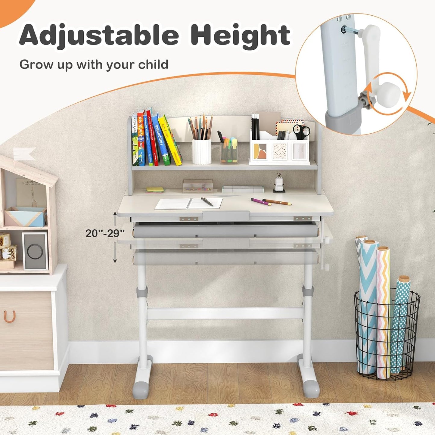 Costzon Kids Desk, Height Adjustable Children Study Desk with Tilt Desktop, Storage Drawer, Hutch, Scale Ruler, Student Writing Table School Desk for Boys Girls Bedroom, Desk for Kids (Grey)