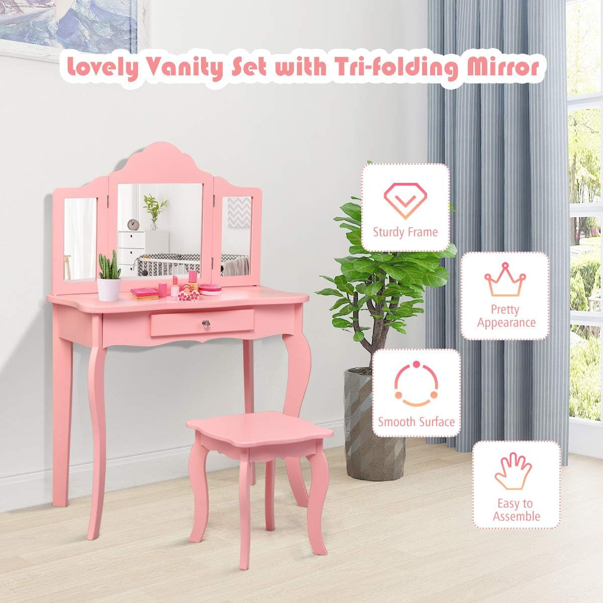 Costzon Kids Wooden Vanity Table & Stool Set, 2 in 1 Detachable Design with Dressing Table and Writing Desk, Princess Makeup Dressing Table with Two 180° Folding Mirror, for Girls, Kids (Pink)