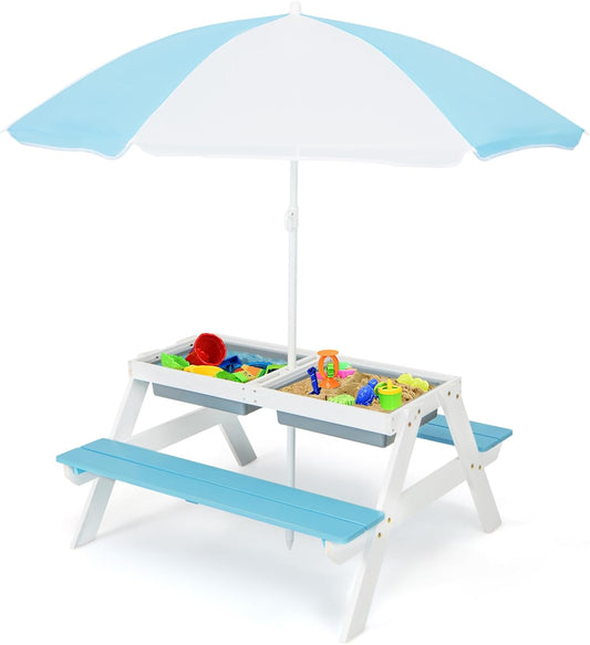 Costzon Kids Picnic Table, 3 in 1 Sand & Water Table with Height Adjustable Umbrella, Removable Tabletop, Children Outdoor Toy Playset W/2 Play Boxes, Wooden Convertible Activity Table for Toddlers