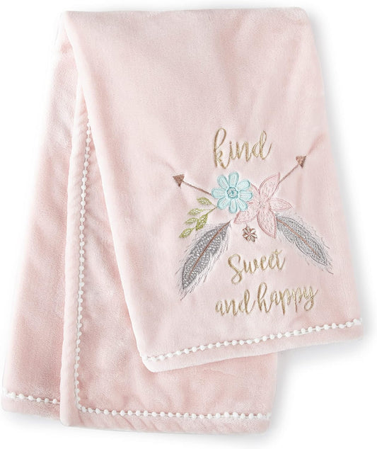 Levtex Baby - Malia Plush Blanket - Embroidered Flowers and Feathers on Pink Plush - Pink, Grey, and Green - Nursery Accessories - Blanket Size: 30 X 40 In.