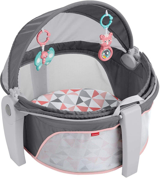 Fisher-Price Portable Bassinet On-The-Go Baby Dome, Travel Play Space with Developmental Newborn Toys & Canopy, Rosy Windmill