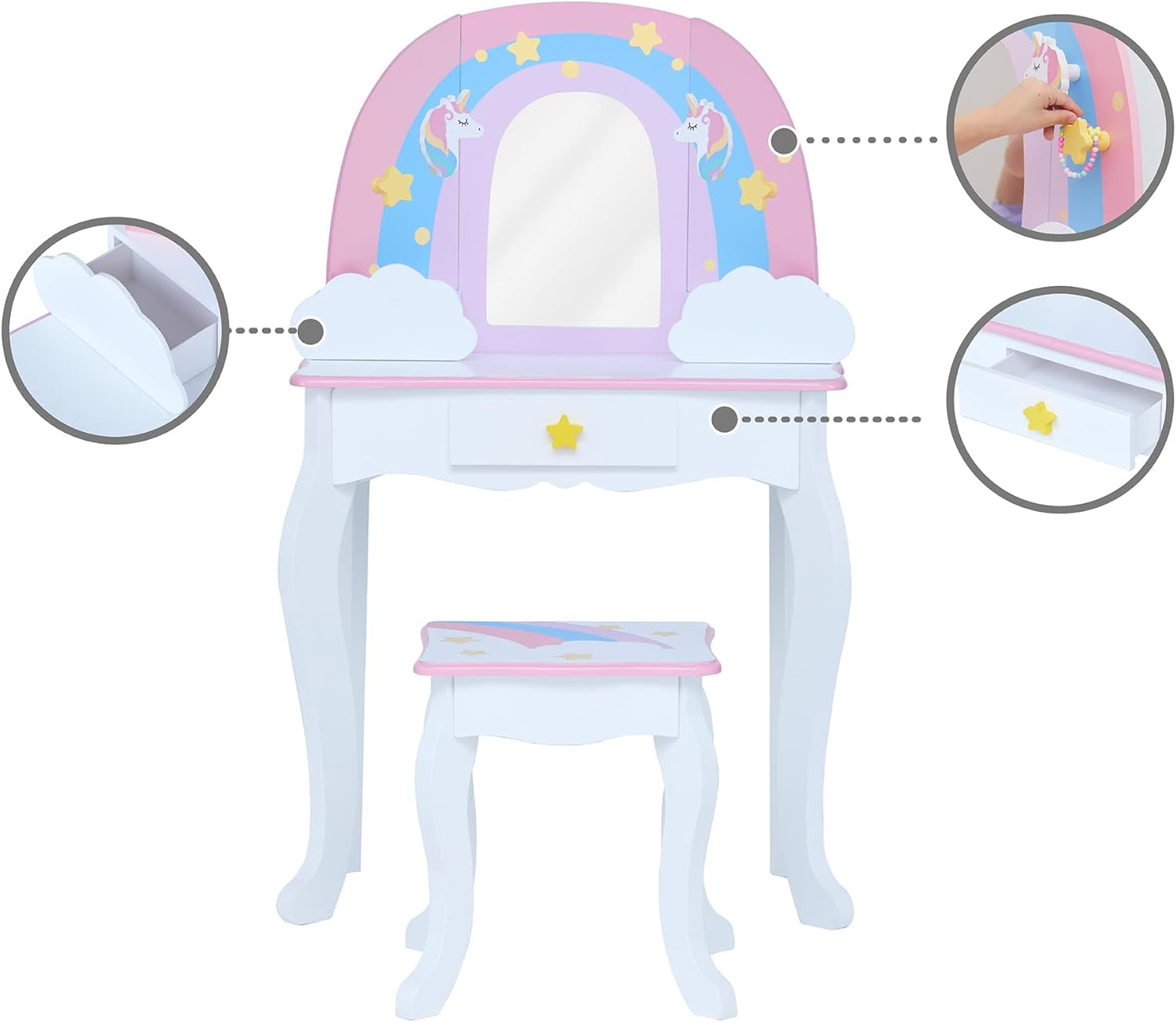 Fantasy Fields Little Dreamer Rainbow Unicorn Play Vanity Set with Rainbow-Shaped Mirror Frame, Cloud-Shaped Storage Drawers, and Stool, White with Pink, Blue and Lilac Rainbow Accents