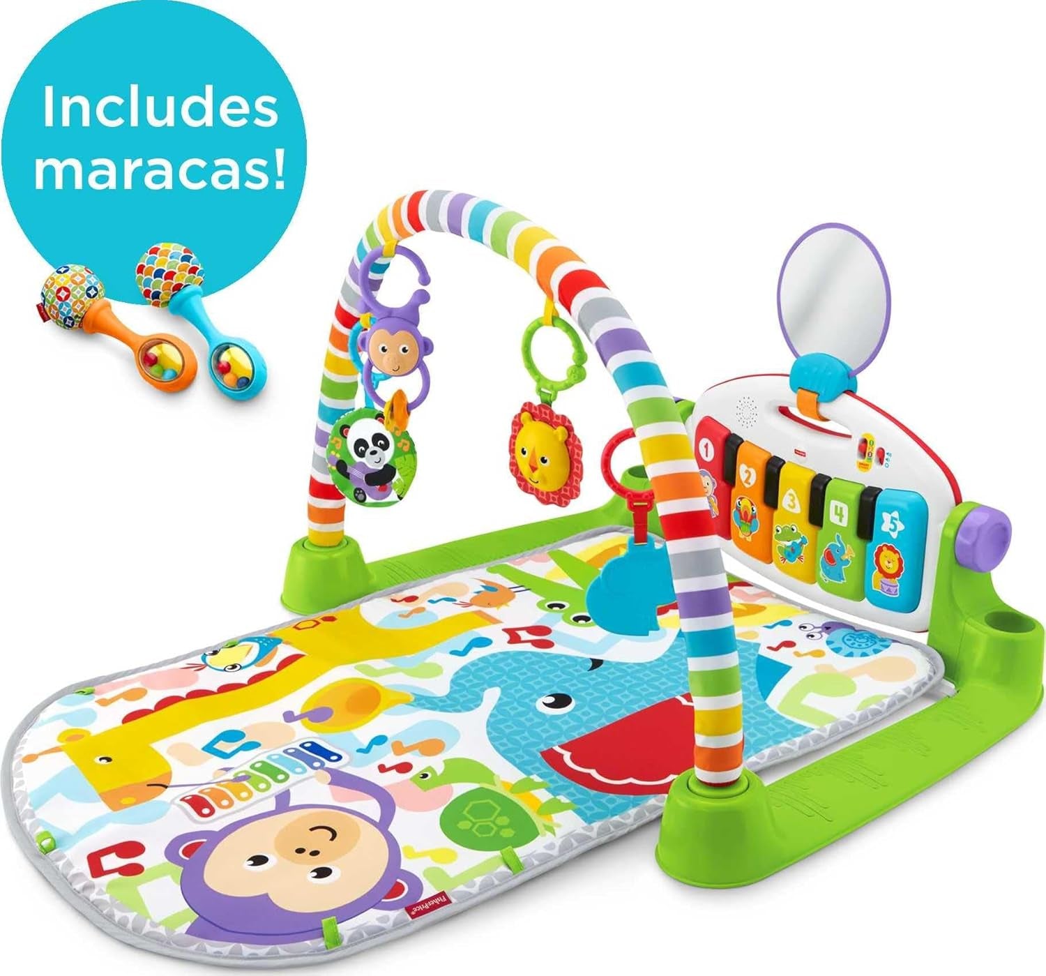 Fisher-Price Baby Playmat Deluxe Kick & Play Piano Gym, Green Musical Learning Toy with 2 Rattle Maracas for Developmental Play Newborns 0+ Months