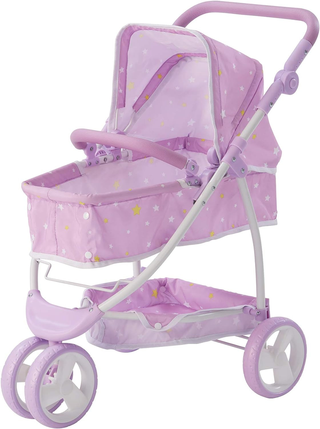 Olivia'S Little World Polka Dot Princess Baby Doll Twin Bassinet Stroller with Retractable Canopy & Storage, Pink/Gray