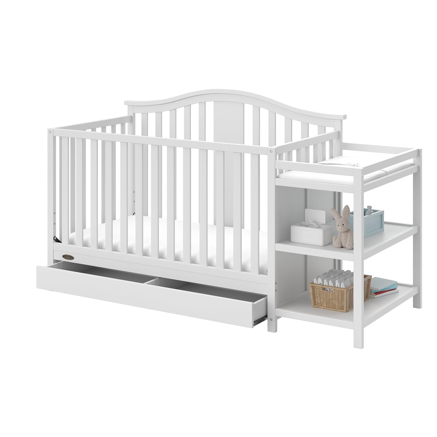 Graco Solano 4-In-1 Convertible Crib with Drawer Combo (White) – GREENGUARD Gold Certified, Includes Full-Size Nursery Storage Drawer, Converts to Toddler Bed and Full-Size Bed