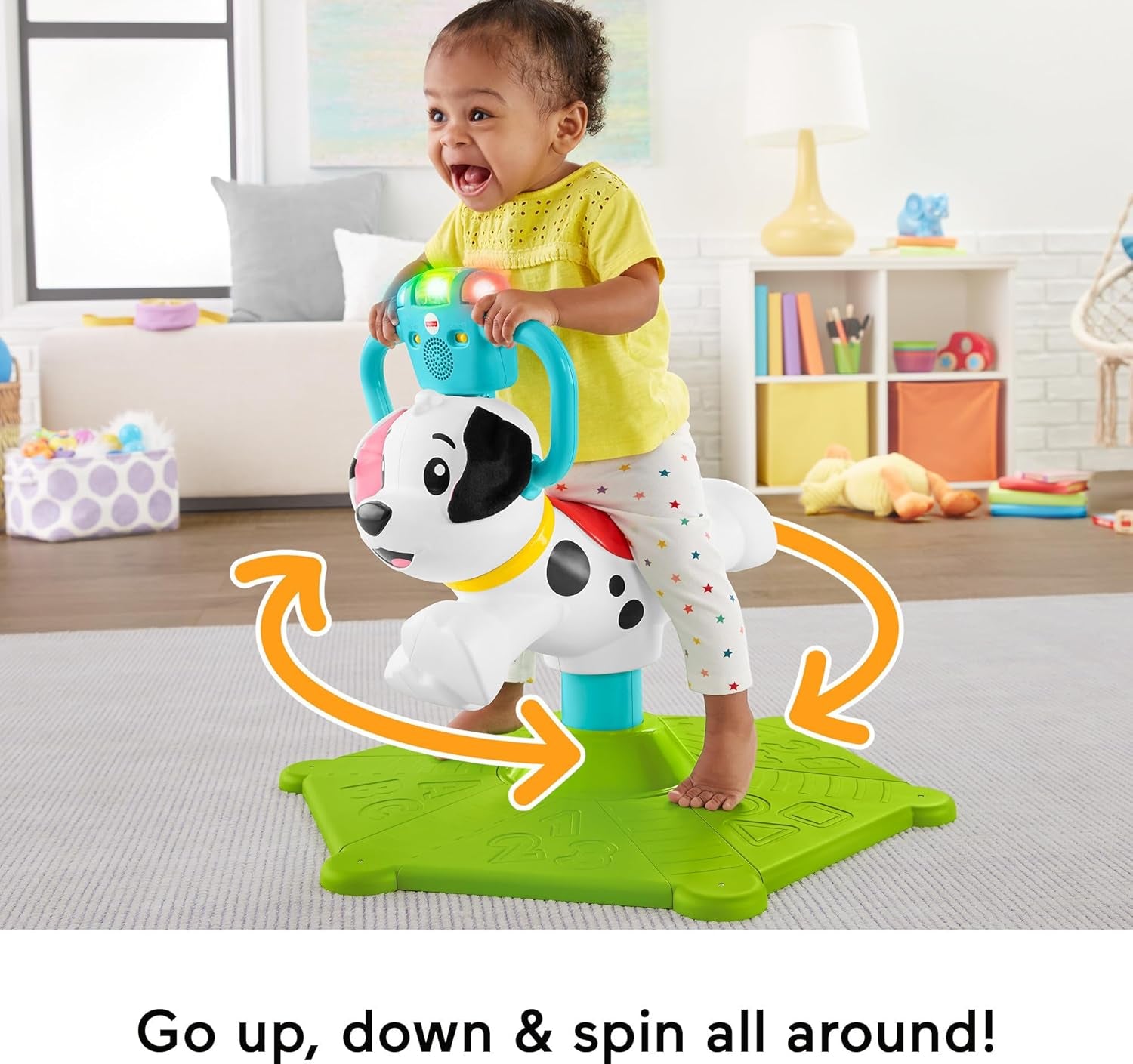 Fisher-Price Toddler Learning Toy, Bounce and Spin Puppy Stationary Ride-On Bouncer with Music & Lights for Infants Ages 1+ Years