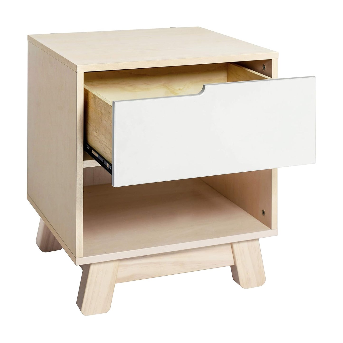 Babyletto Hudson Nightstand with USB Port in Washed Natural and White, 1 Drawer and Storage Cubby