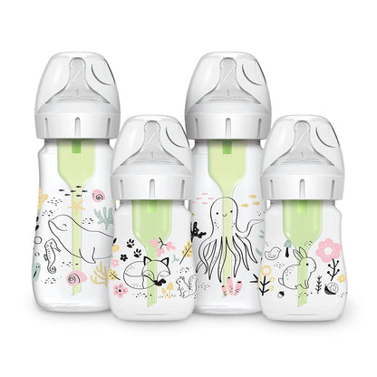 Dr. Brown’S Natural Flow® Anti-Colic Options+™ Wide-Neck Baby Bottle Designer Edition Bottles, Ocean and Woodland Design, 9 Oz and 5Oz, Level 1 Nipple, 4-Pack, 0M+