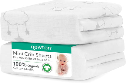 Newton Baby Mini Crib Fitted Sheets (2-Pack) | Organic Muslin Cotton, Breathable & Soft Baby Sheets, Washable Baby Mattress Sheets, Fits Any Mini Sized Crib 24" X 38", Wishing on a Star Print + White