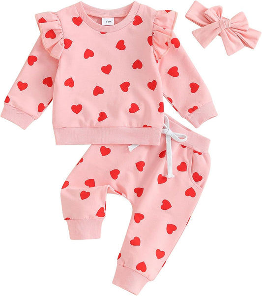 Lamuusaa Newborn Baby Girl Valentines Day Outfit Ruffle Crewneck Sweatshirt Heart Long Pants Headband Spring Outfit